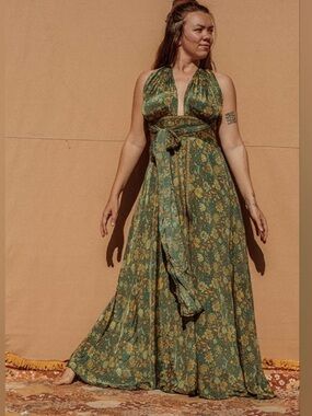 GardenBelle | Silk Handmade Floral Summer Green Floral Halter Flowy Maxi Dress